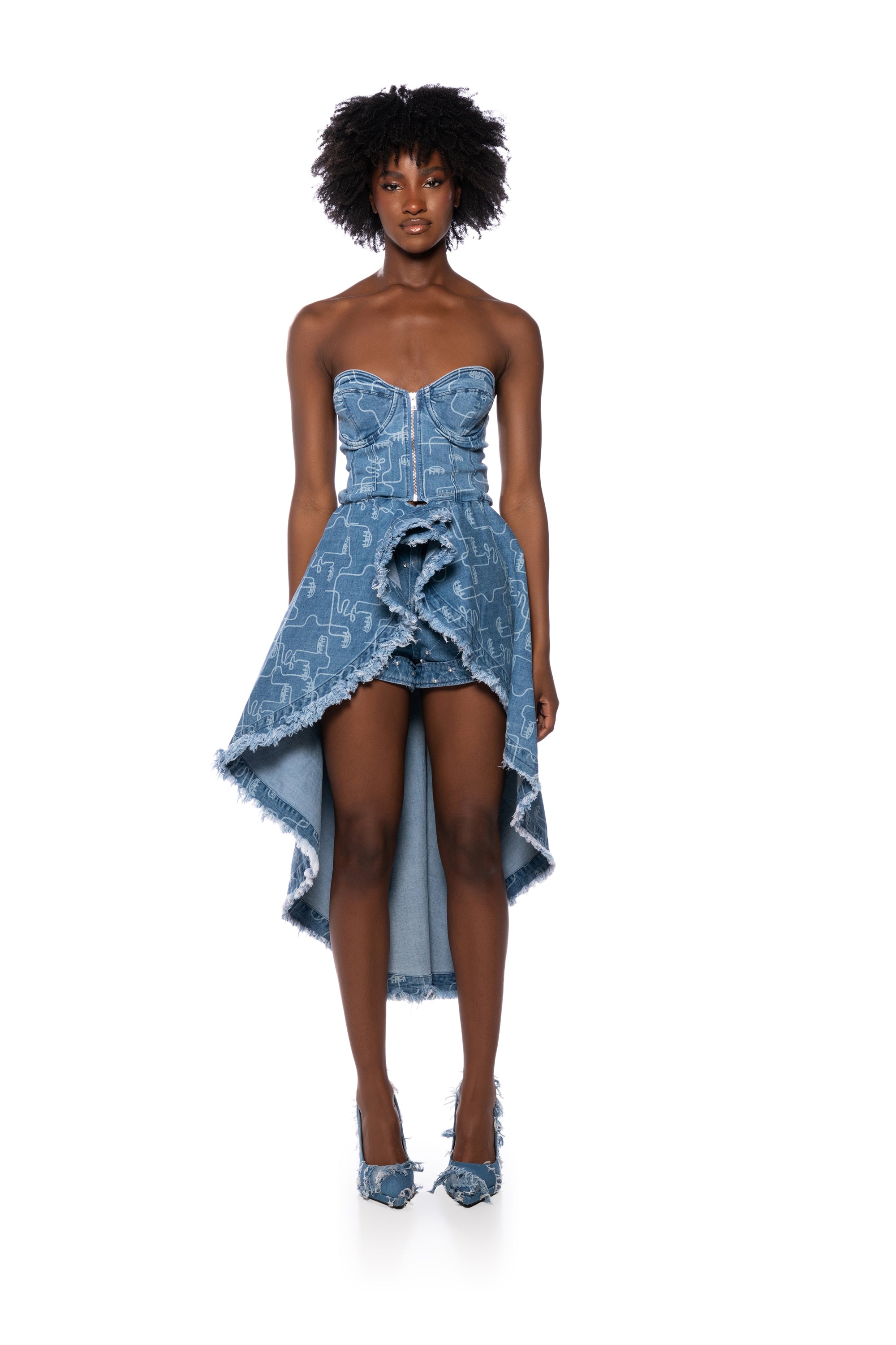 DUSK TIL DAWN PRINTED DENIM CORSET BLOUSE