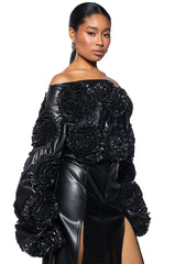 EASY FAUX LEATHER OFF THE SHOULDER SWEATSHIRT