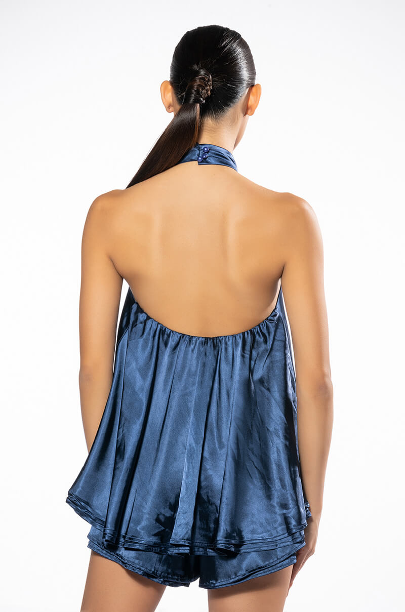 EASY GOING HIGH LOW SATIN HALTERNECK TOP
