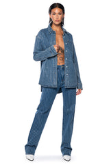 EFFORTLESS GLAM RHINESTONE STRIPE BUTTON DOWN SHIRT
