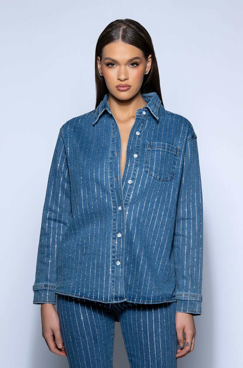 EFFORTLESS GLAM RHINESTONE STRIPE BUTTON DOWN SHIRT