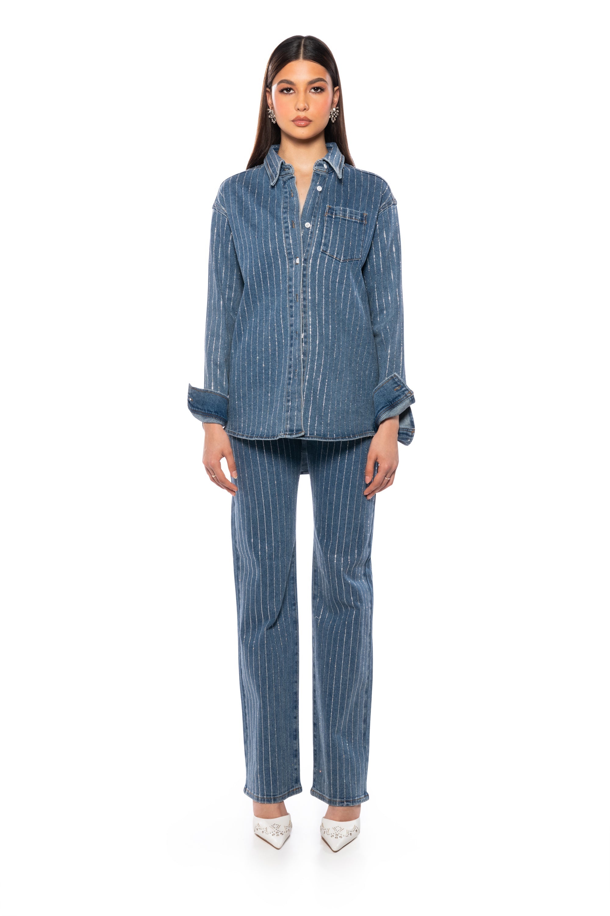 EFFORTLESS GLAM RHINESTONE STRIPE BUTTON DOWN SHIRT