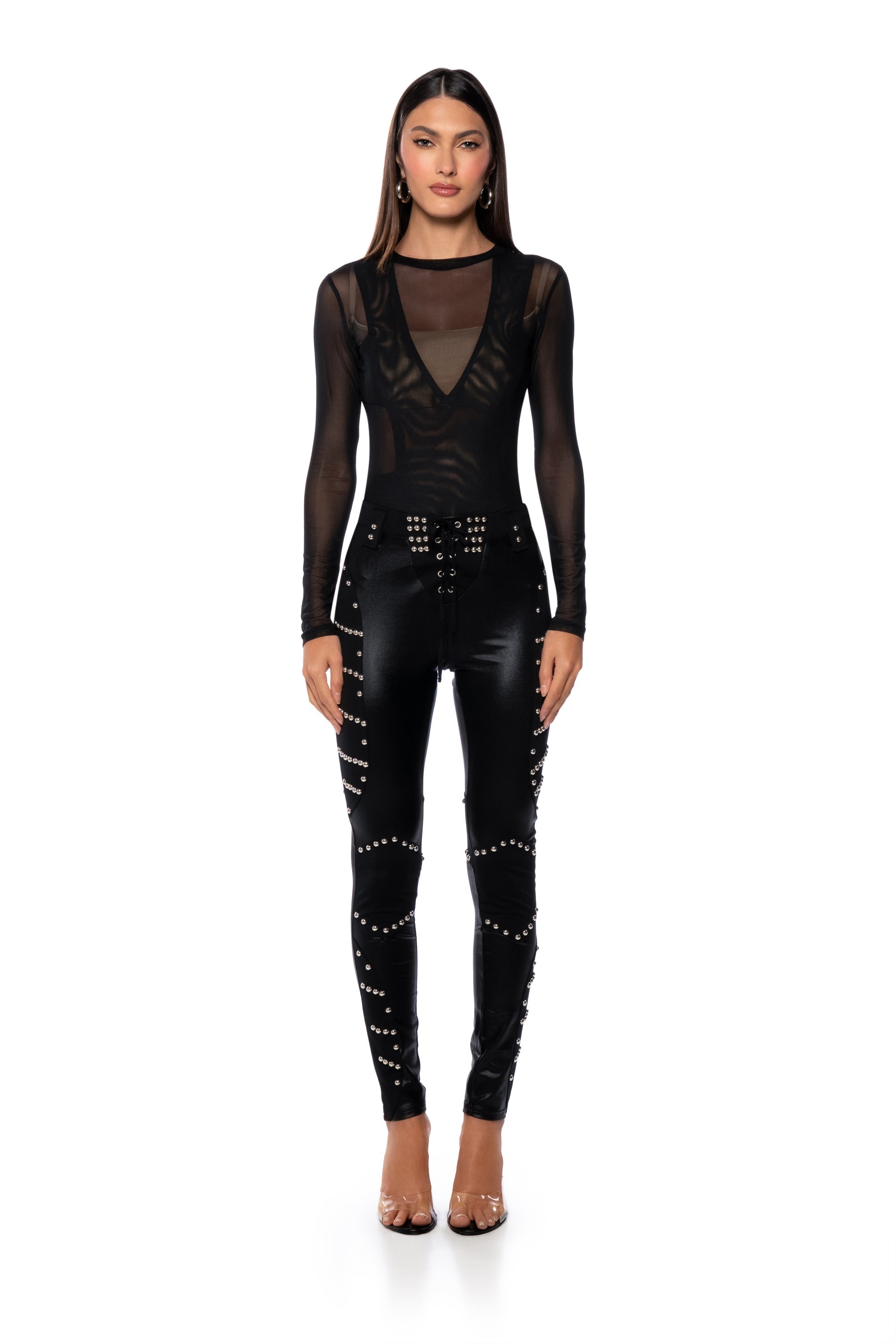 EXPOSED LONG SLEEVE MESH BODYSUIT