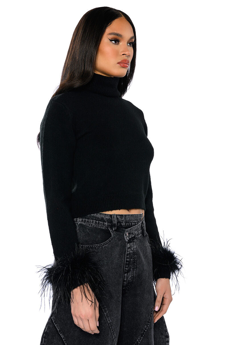 FANCY HUH FEATHER CUFF MOCK NECK SWEATER