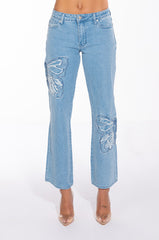 INFINITY BUTTERFLY DETAIL MID RISE WIDE LEG DENIM
