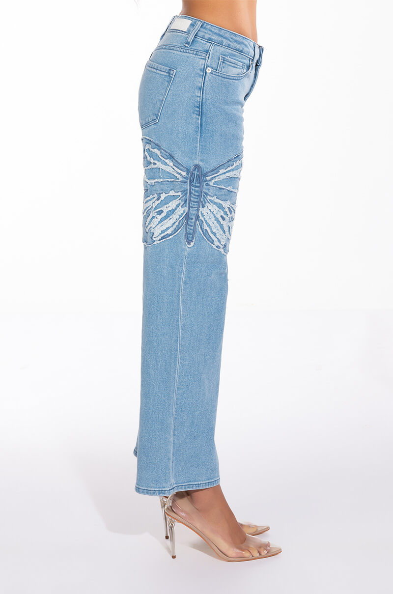 INFINITY BUTTERFLY DETAIL MID RISE WIDE LEG DENIM