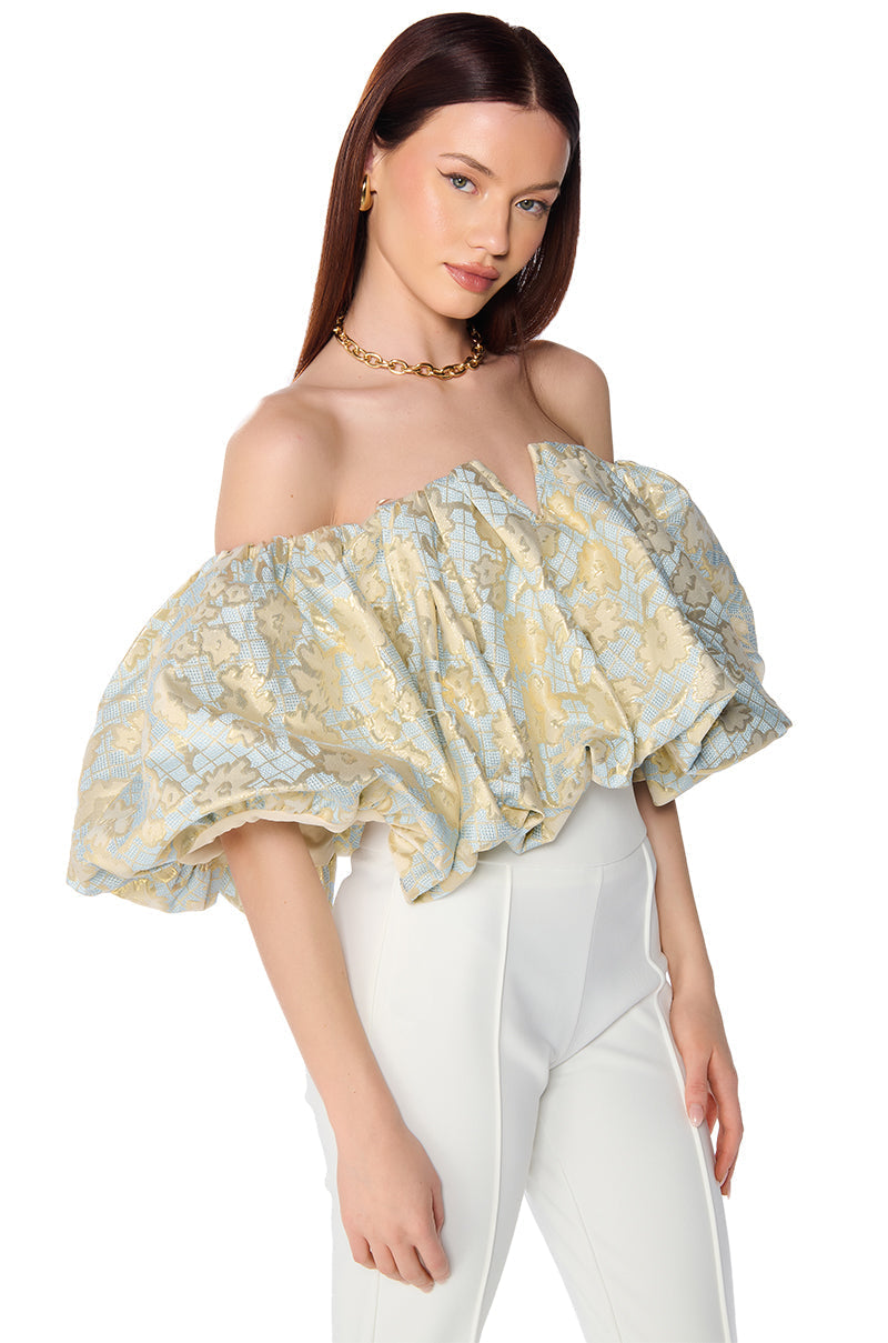 IRIS OFF THE SHOULDER BLUE BROCADE BLOUSE