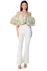 IRIS OFF THE SHOULDER BLUE BROCADE BLOUSE