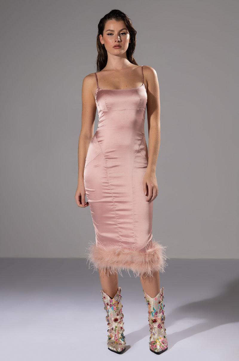 ISLA FEATHER DETAIL STRAPLESS MIDI DRESS