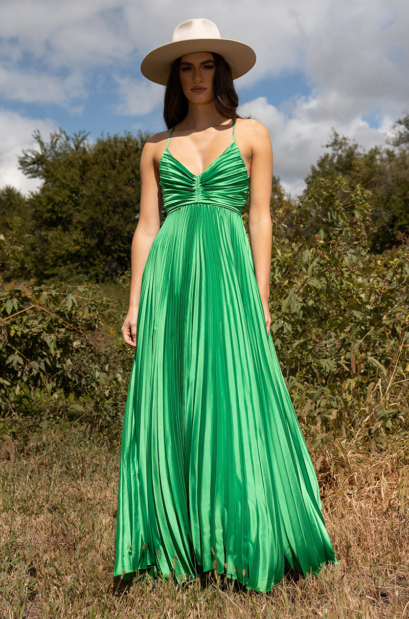 LILY PLEATED SATIN MAXI DRESS