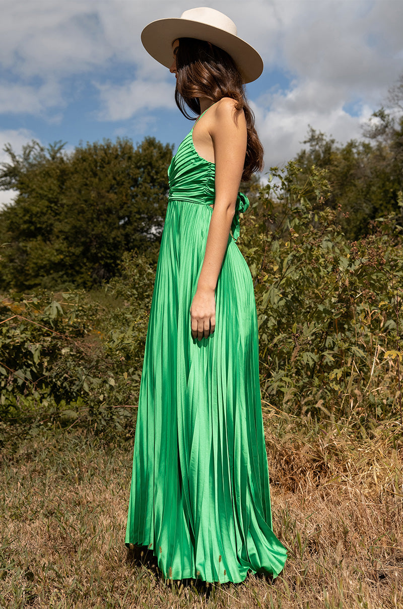 LILY PLEATED SATIN MAXI DRESS