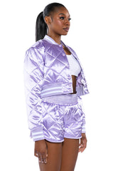 NO CAP CROPPED SATIN VARSITY BOMBER