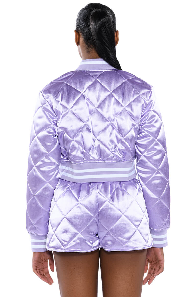 NO CAP CROPPED SATIN VARSITY BOMBER