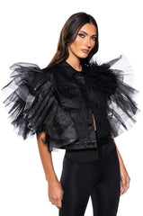 ON REPEAT TULLE SHOULDER VEST IN BLACK PU