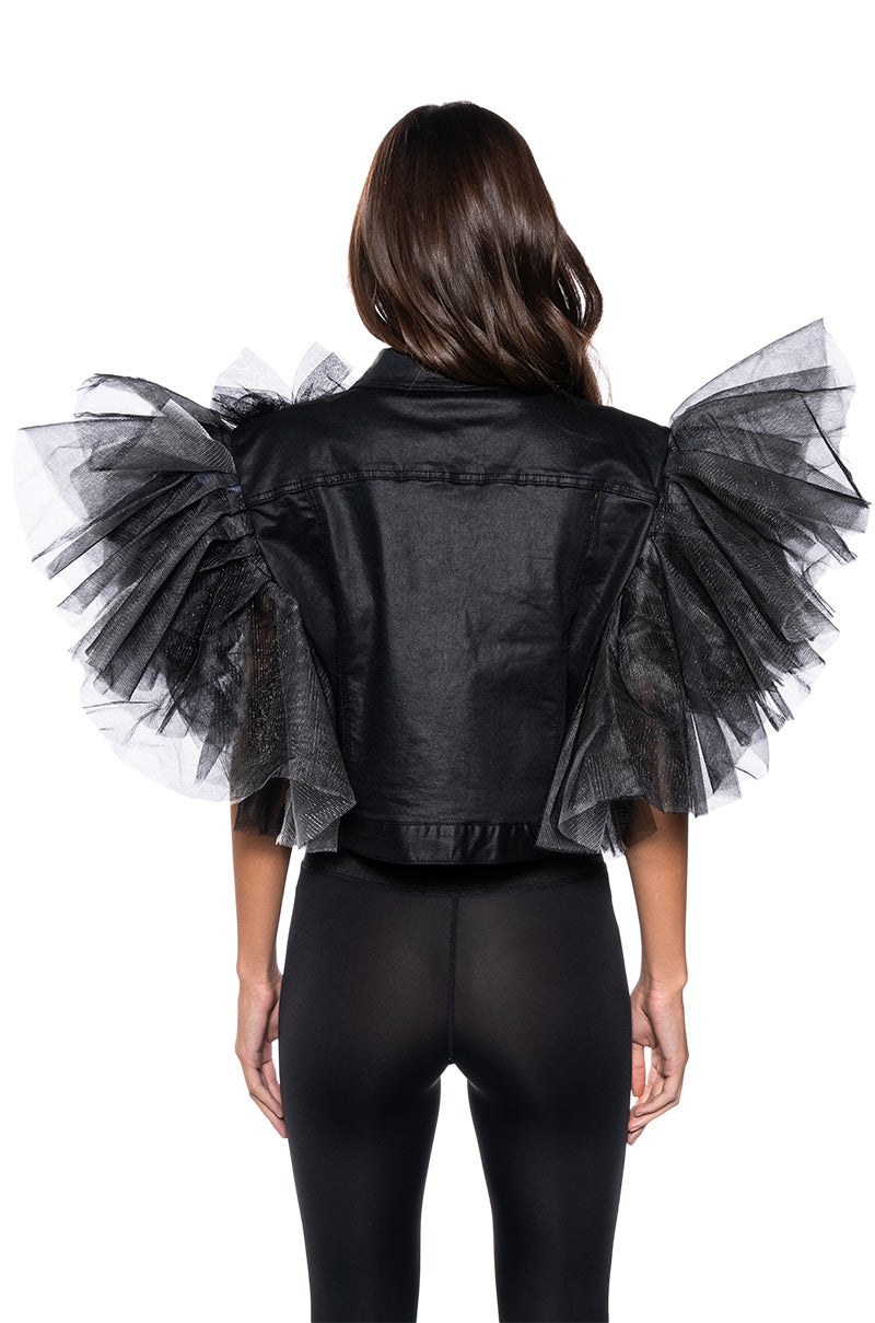 ON REPEAT TULLE SHOULDER VEST IN BLACK PU