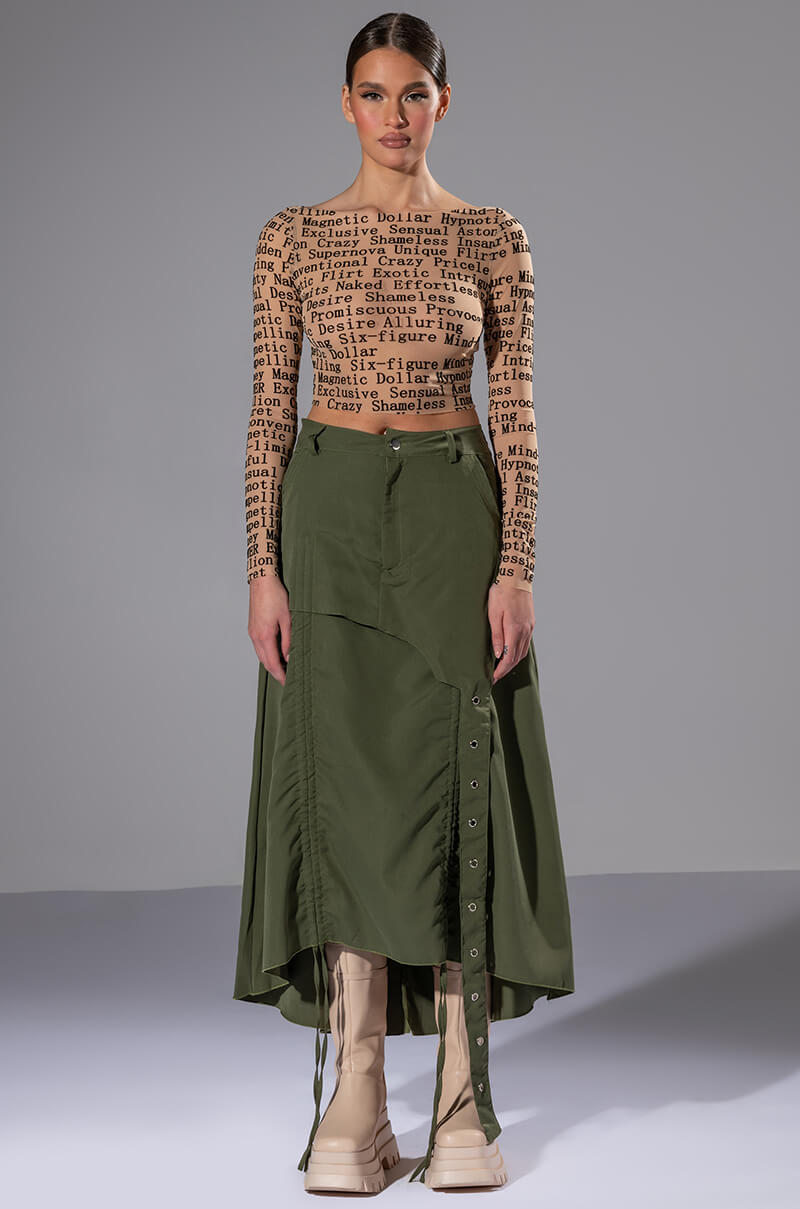ON THE GO CINCHED OLIVE MIDI SKIRT