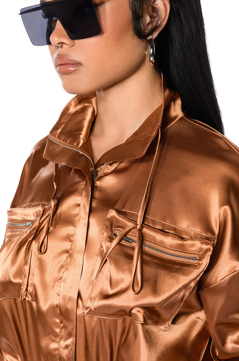 ON THE ROAD SATIN UTILITY MINI DRESS