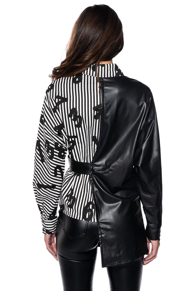 ONLY ONE BELTED PU AND POPLIN BUTTON DOWN SHIRT