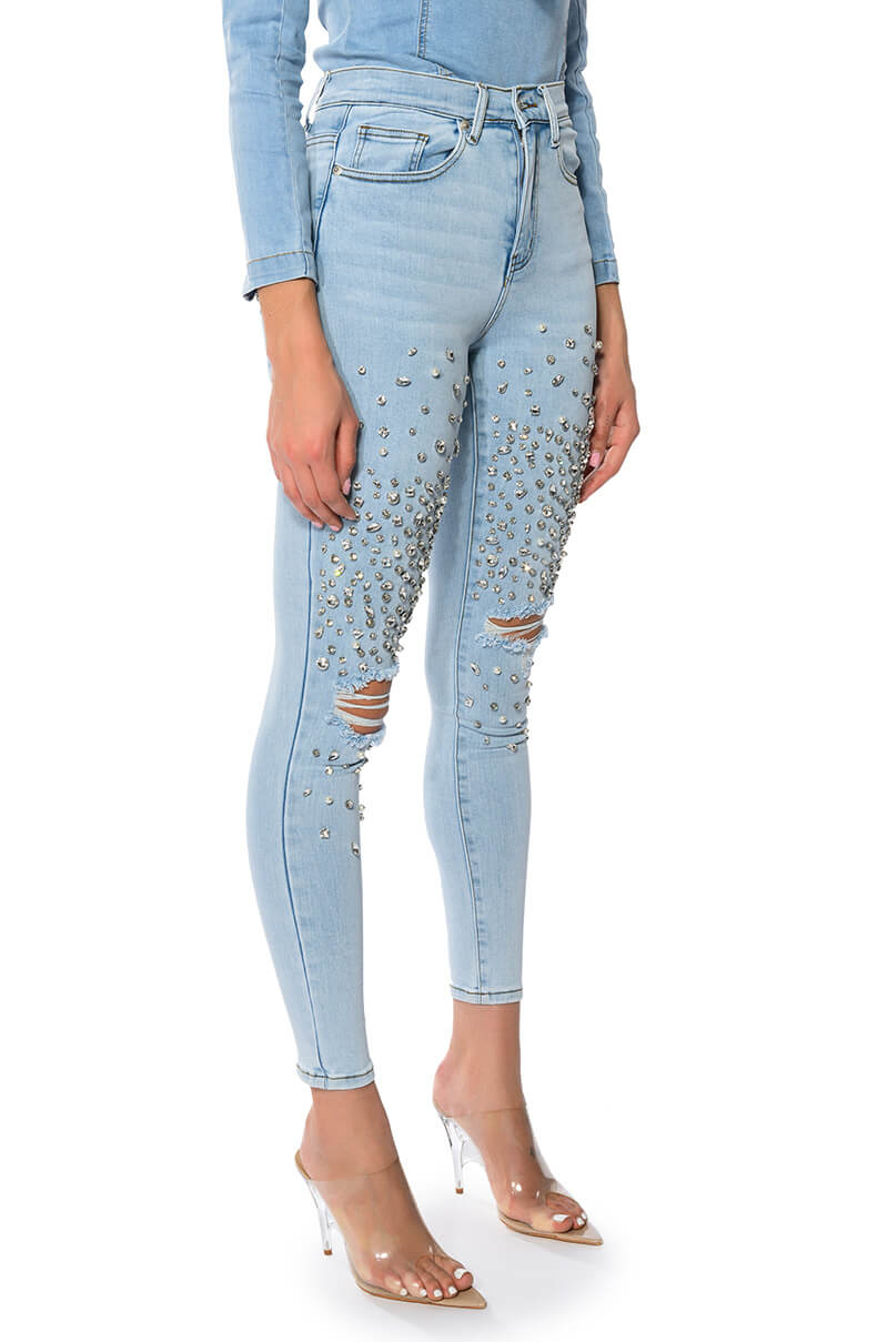 OUTTA THIS WORLD DISTRESSED RHINESTONE HIGH RISE SKINNY JEANS