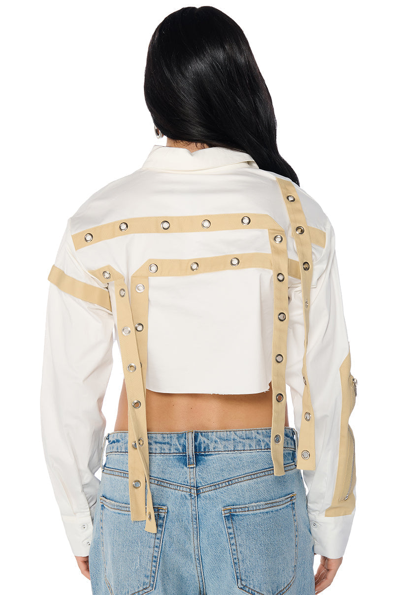 PARK STRAP DETAIL BUTTON DOWN BLOUSE IN WHITE MULTI