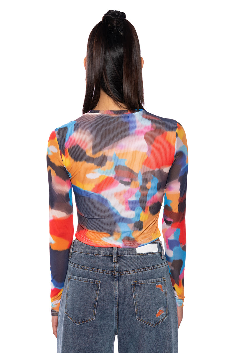 PARKER ABSTRACT LONG SLEEVE MESH PRINT TOP