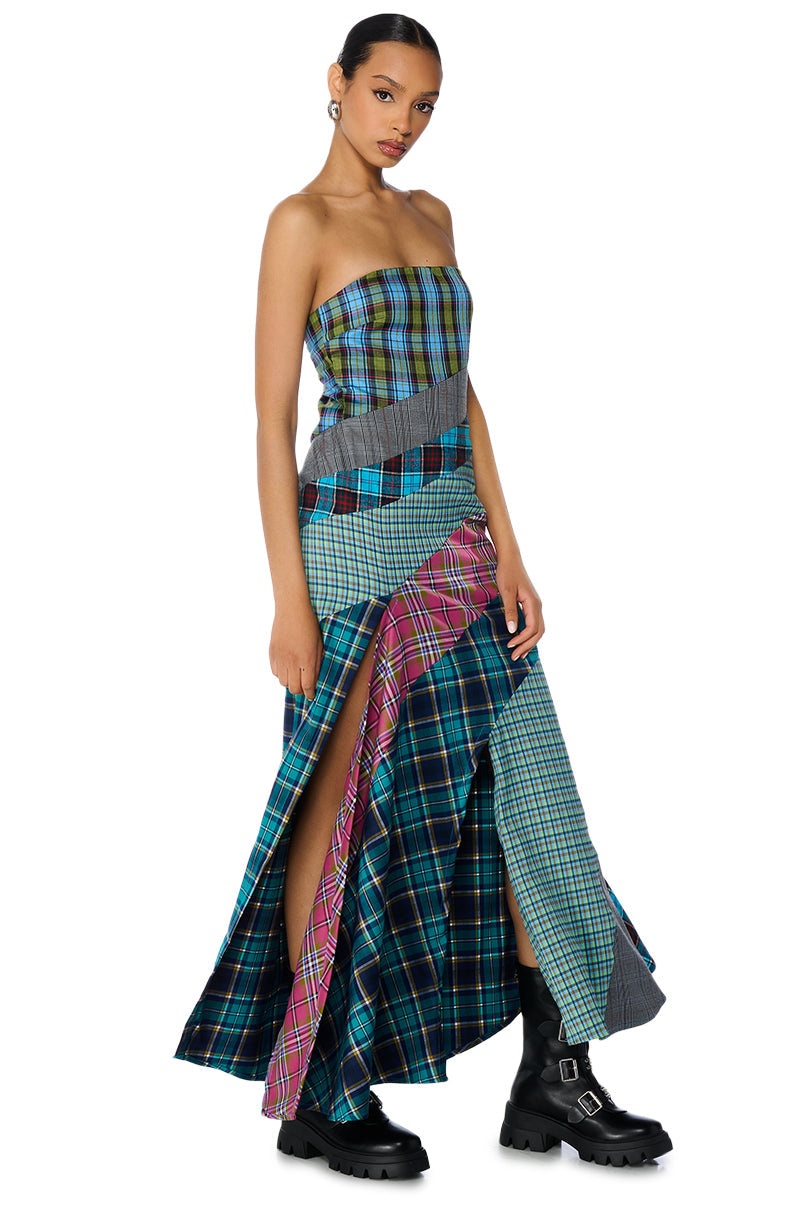 PATCHIN IT UP PLAID MAXI DRESS