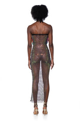 RENNAISANCE FLORAL RHINESTONE MESH MAXI DRESS