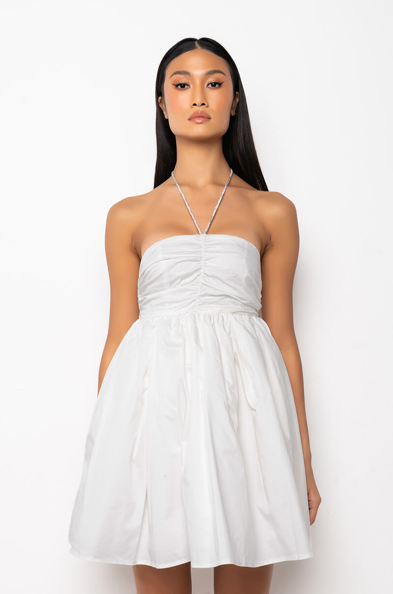 RHINESTONE HALTER FIT AND FLARE DRESS