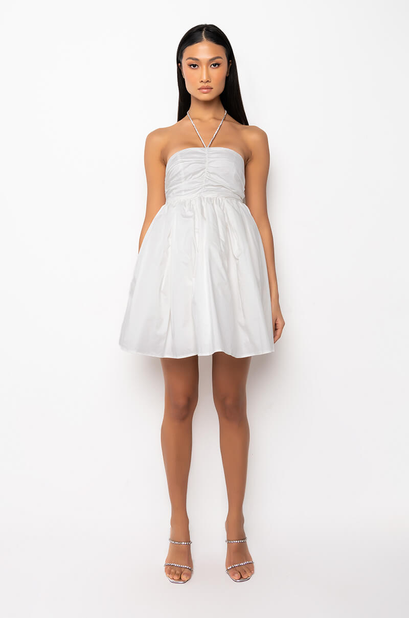 RHINESTONE HALTER FIT AND FLARE DRESS